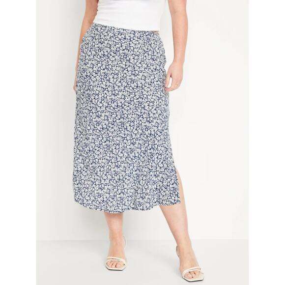 Old Navy High-Waisted Midi Slip Skirt Slit Blue Ditsy Floral NWT Size Large - Picture 1 of 5